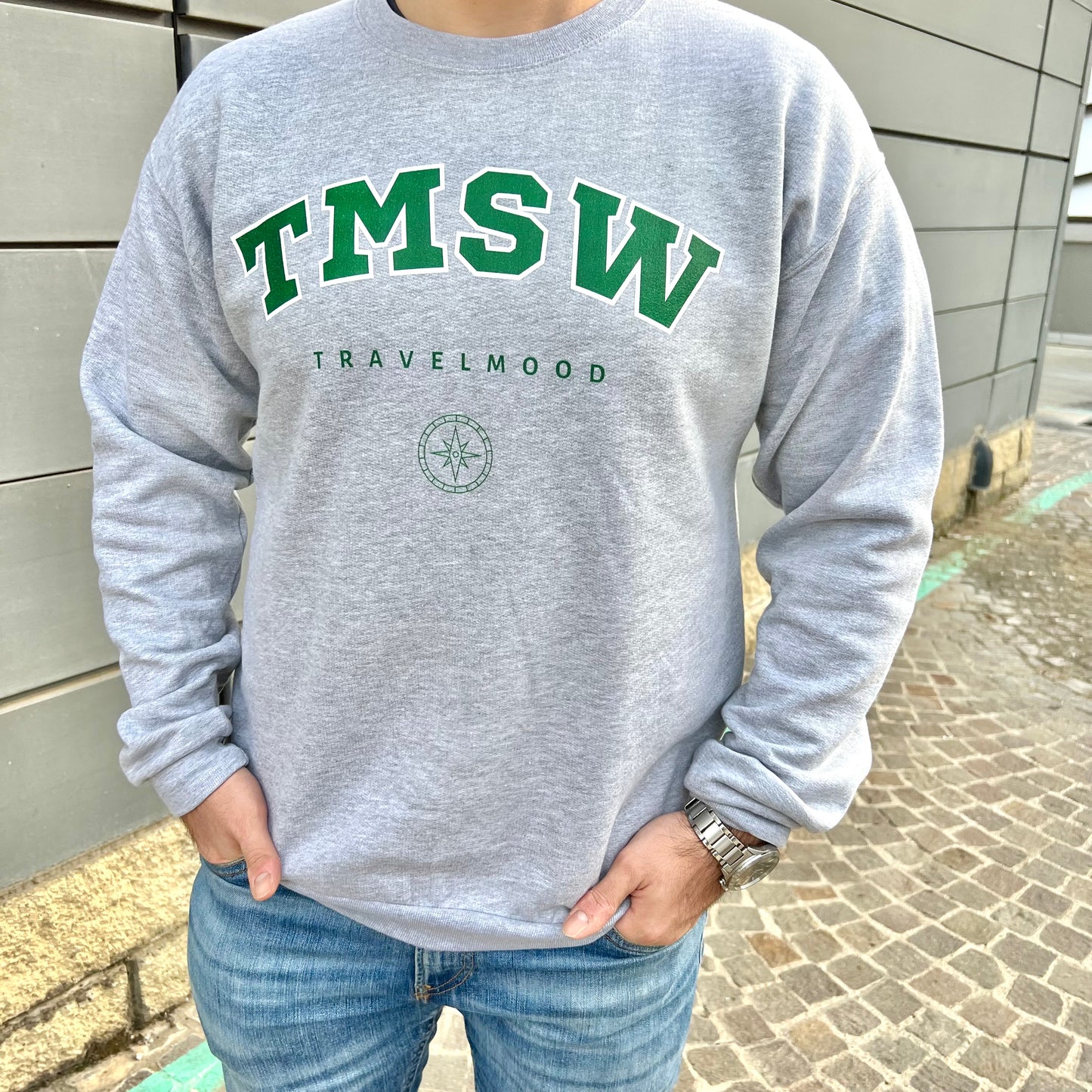 College Crewneck Sweatshirt - Green Letters