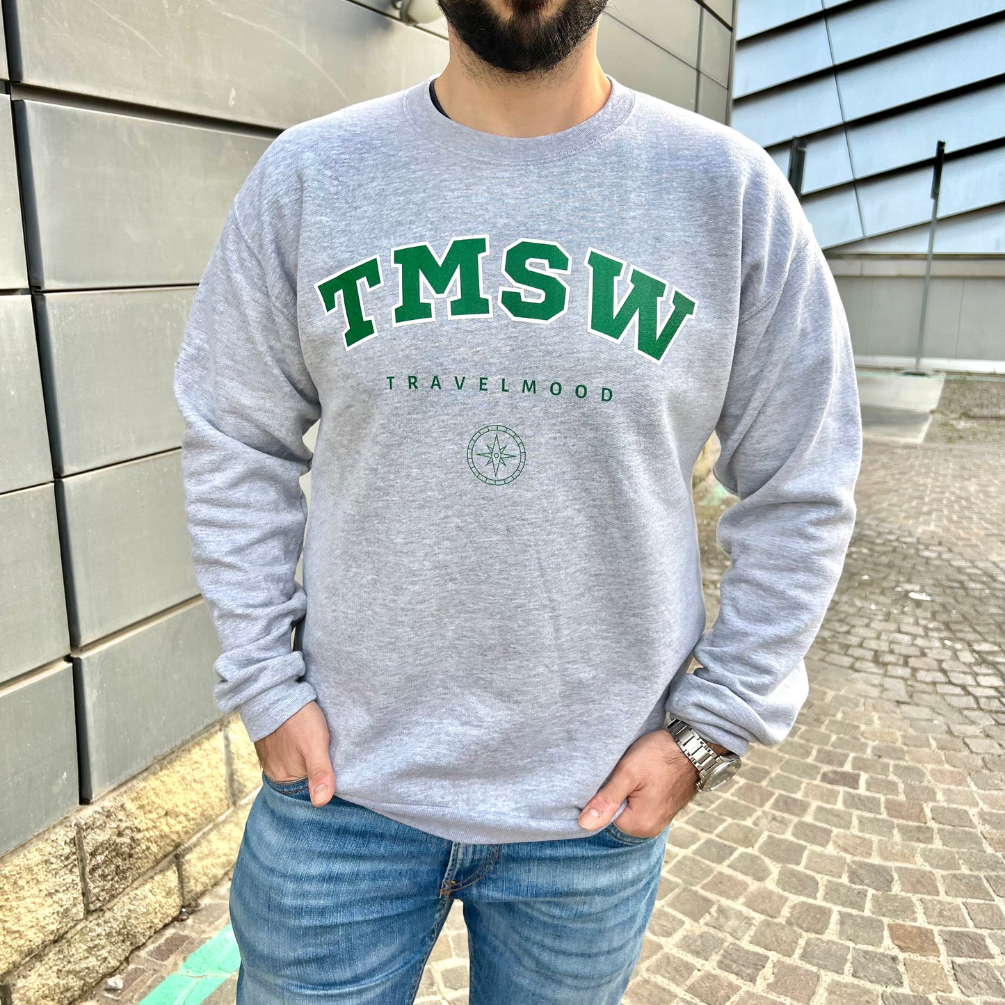 College Crewneck Sweatshirt - Green Letters